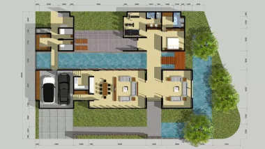 1. Denah Rumah 2 Kamar Ada Taman di Tengah